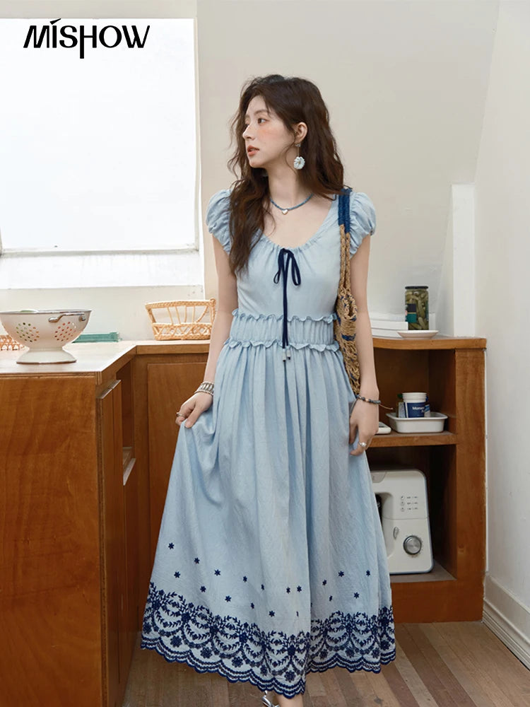 MISHOW Women's Bohemian Embroidery Dress 2025 Summer Ladies Fashion V-neck Lace Up Flower Bud Sleeve Blue Long Dress MXE36L2244