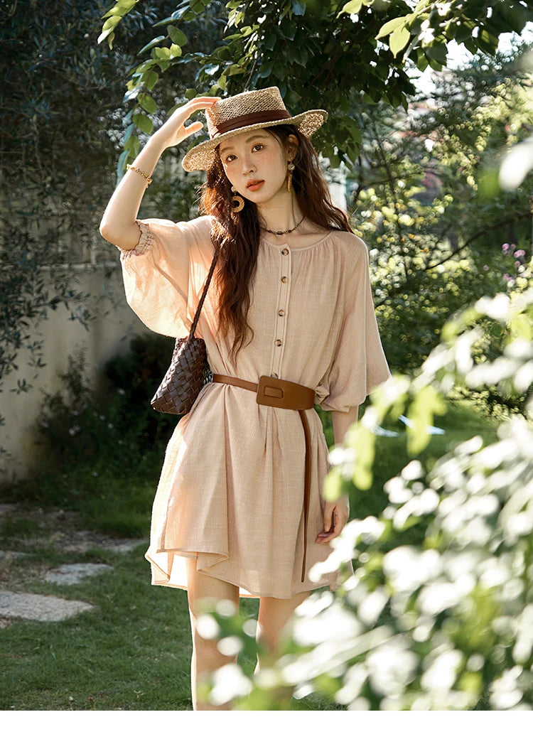 MISHOW French Retro Midi Length Sleeves Dress Summer O-neck Single Breasted Dresses Casual Tea Break Dress with Belt MXE39L2409