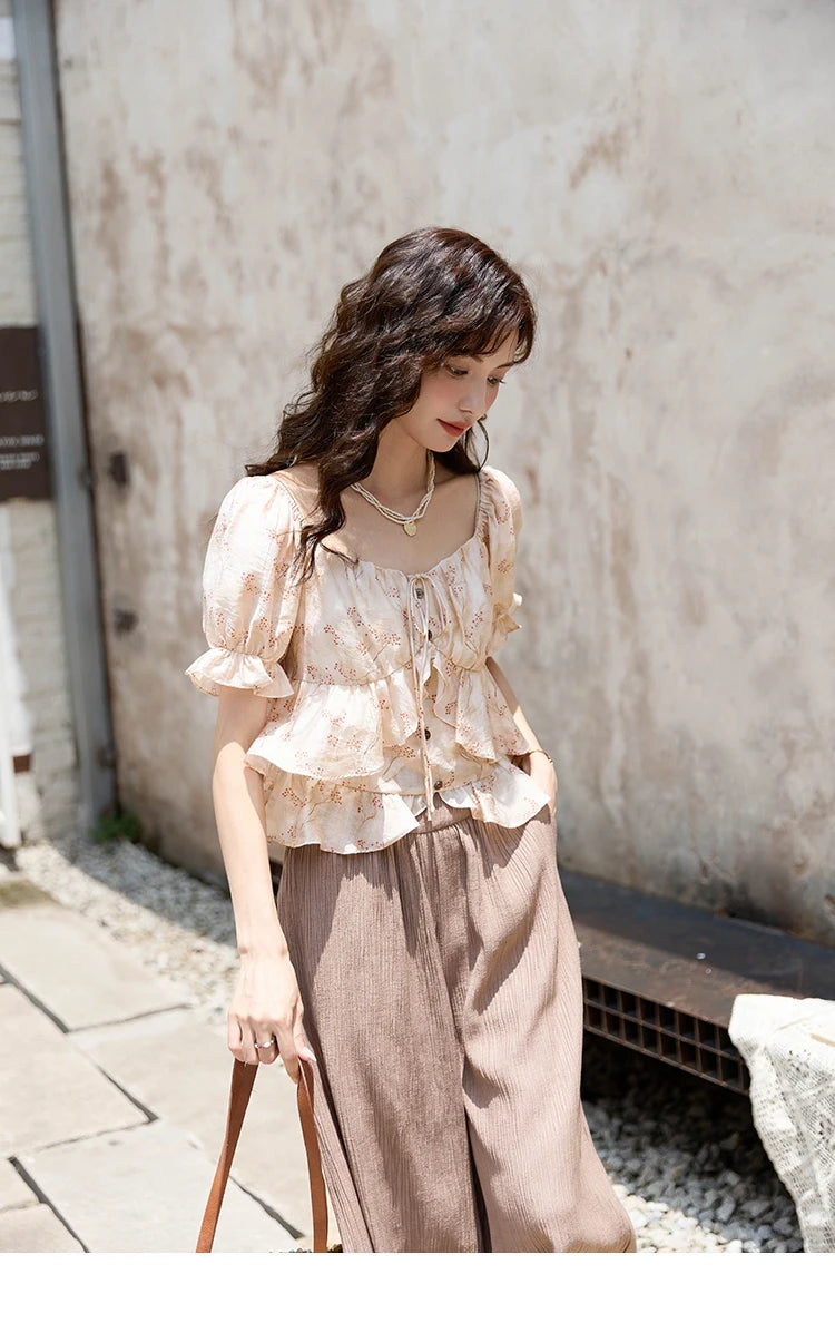 MISHOW French Floral Print Square Neck Shirt for Women 2025 Summer Bubble Sleeve Patchwork Double-layer Ruffle Tops MXD30X1565