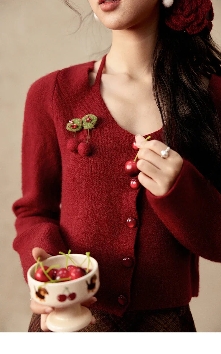 MISHOW Red Knitted Short Cardigan Women Autumn Winter New Cherry Ornaments Sweet Slim Fit V-neck Long Sleeve Tops MXD112Z1006