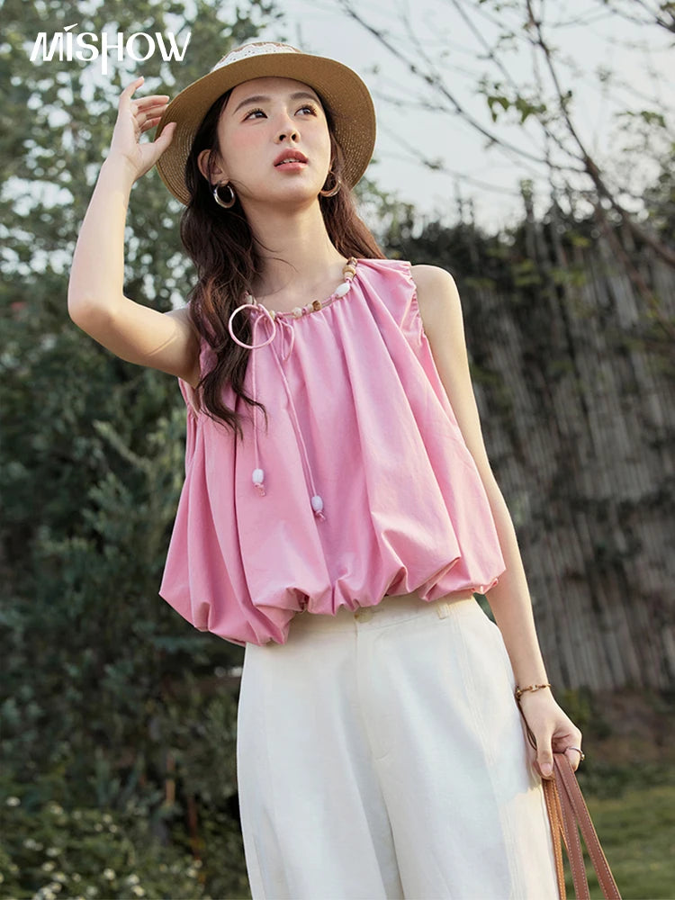 MISHOW French Rose Red Blouses Women Summer 2025 Sleeveless Round Neck Beaded Strap Design Short Tops Lady New Thin MXE32X1773