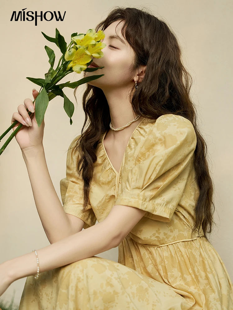 MISHOW Tea Break V-neck Dress for Women 2024 Summer French Temperament Chiffon Floral Puff Sleeve Waist Long Dresses MXD23L1878