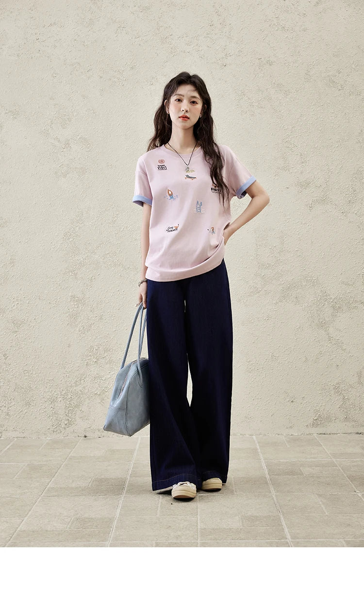 MISHOW Embroidered Casual T-shirt for Women Summer 2025 Short Sleeve Round Neck Shirts Female New Fashion Tops Lady MXE16T0506