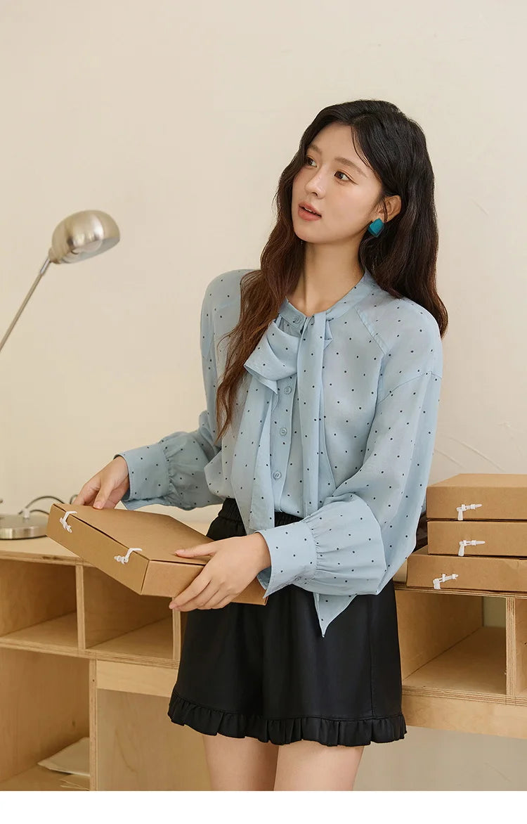 MISHOW Women's Casual Shirt 2025 Autumn French Vintage Blue Polka Dot Shirt Bow Collar Long-sleeve Top Women's Clothe MXE45X2475