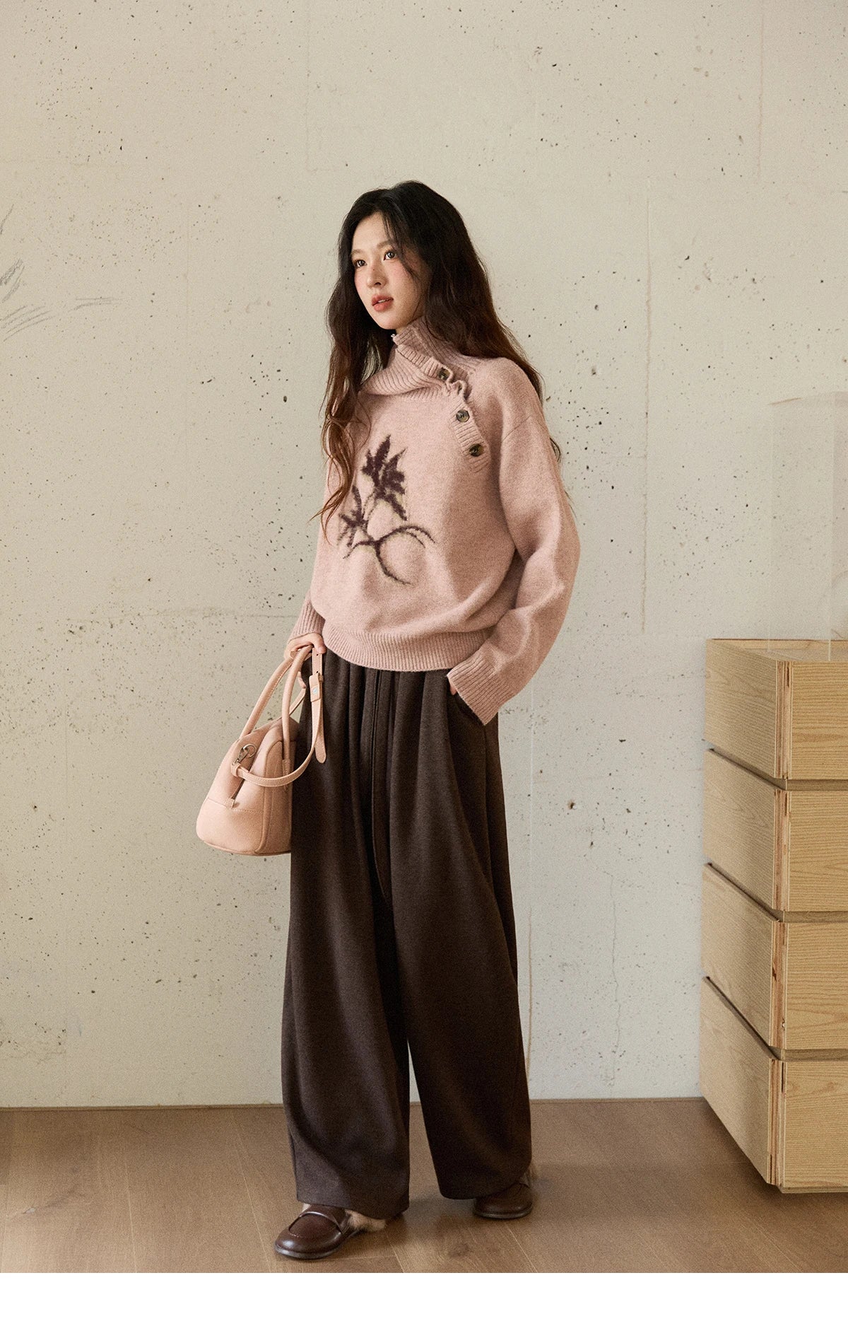 MISHOW Plant Jacquard Sweater for Woman 2025 Winter French Style Casual Turtleneck Design Knitted Pullover Tops Woman MXE86Z2658