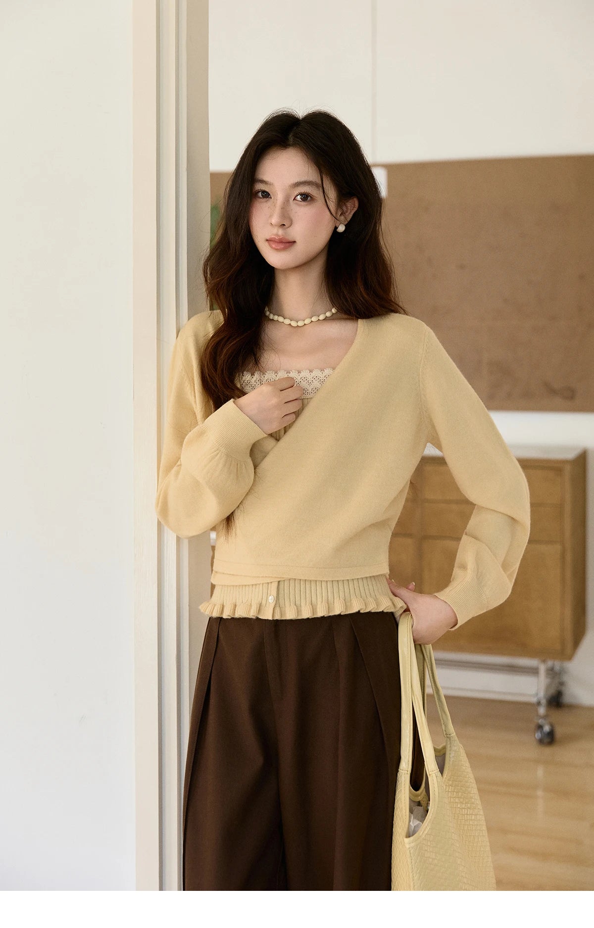 MISHOW Women's Yellow Two-Piece Set 2026 Spring Ruffled Hem Camisole Lace Trim Knitted Cardigan Casual Slim Outfit MXF11T1472