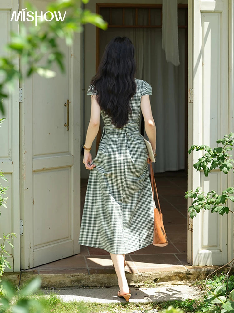 MISHOW Women's Fashion V-neck Dress 2025 Summer Office Lady Plaid Waist Cinched Sashes Short Sleeve Female Dresses MXE39L2410