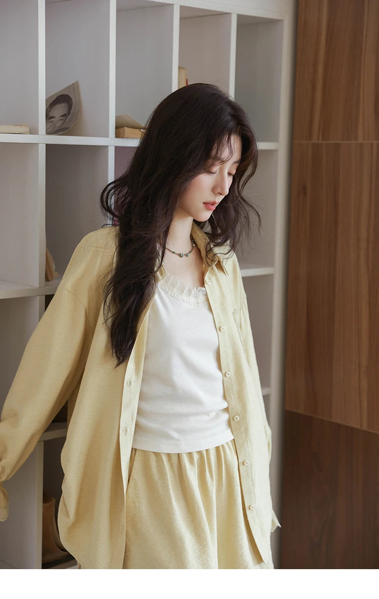 MISHOW Yellow Linen Three Piece Solid Splicing Lace Shirt Camisole Elastic Waist Shorts Vintage Hollowed Out Lace Set MXE42T0718