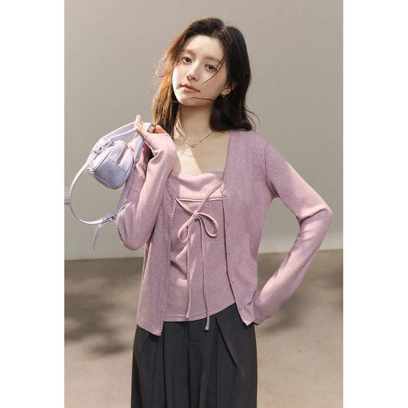 MISHOW Women's Purple Knitted Two-Piece Set 2026 Spring Knitted V-neck Lace-Up Cardigans Camisole Irregular Tops Set MXF13Z2998