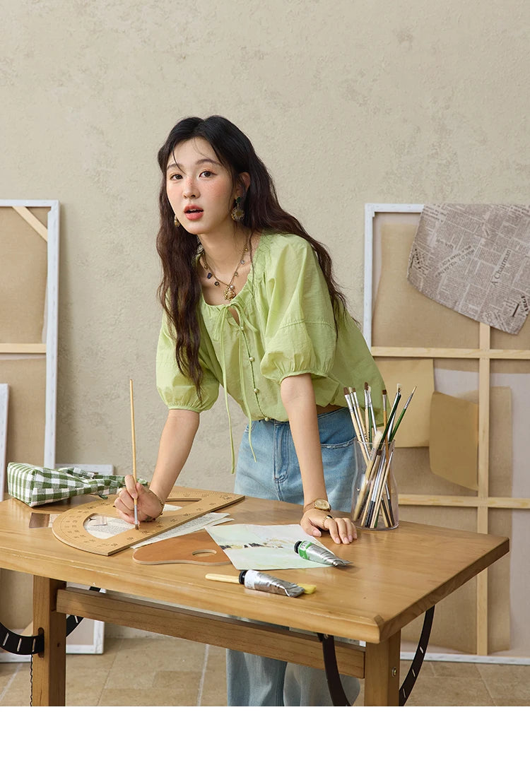 MISHOW Women's Round Neck Blouse 2025 Summer New Fashion Lace Up Puff Sleeve Casual Chiffon Top Ladies Clothing MXE36X1875