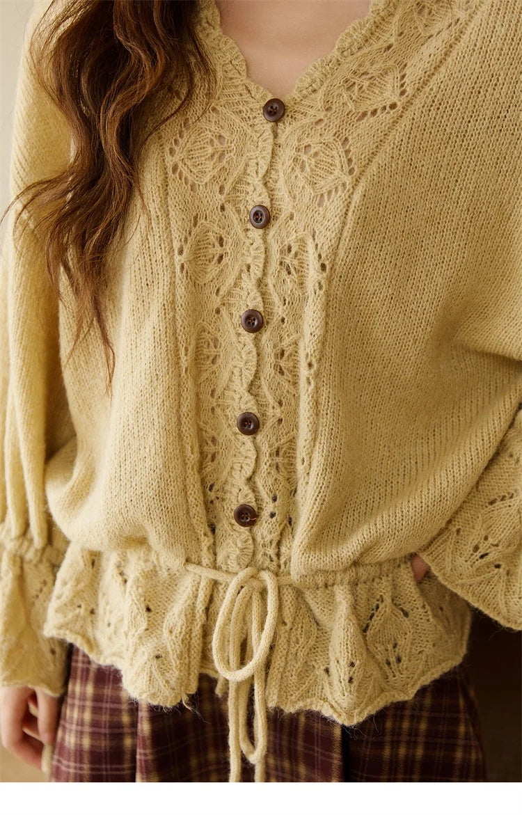 MISHOW Elegant Cardigan Women 2025 Autumn Design Hollow Knit Sweater V-neck Flared Sleeves Loose Casual Sweater MXE47Z2513