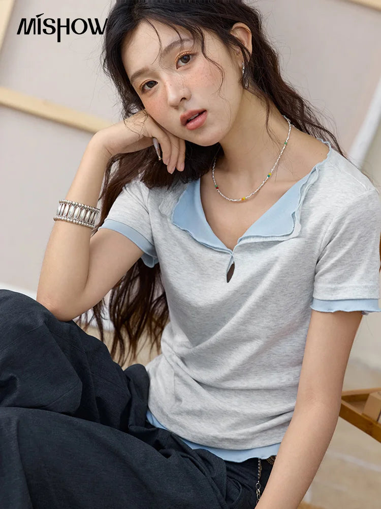 MISHOW Grey Blue Fake Two Piece Contrasting T-shirt for Women Summer 2025 Lapel Wavy Edge Slim Tees Cotton Blend Top MXE35T0567