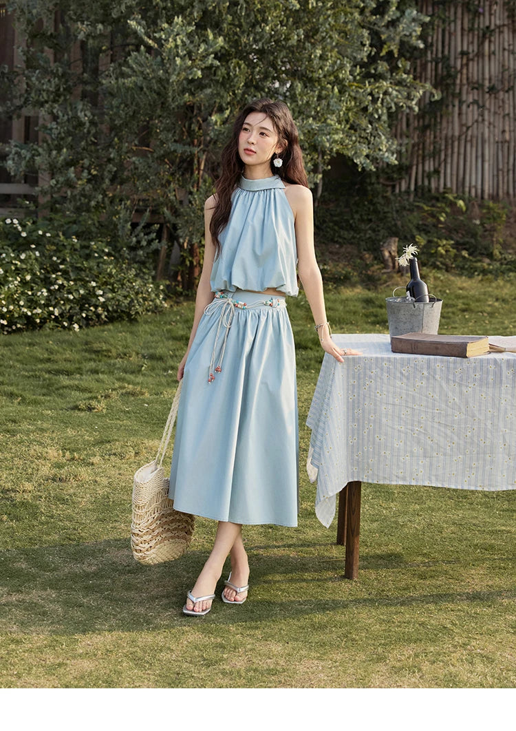 MISHOW Vacation Skirt Set Woman 2025 New Solid Halter Neck Sleeveless Short Tops Midi Loose Skirt Female with Belt MXE33T0546