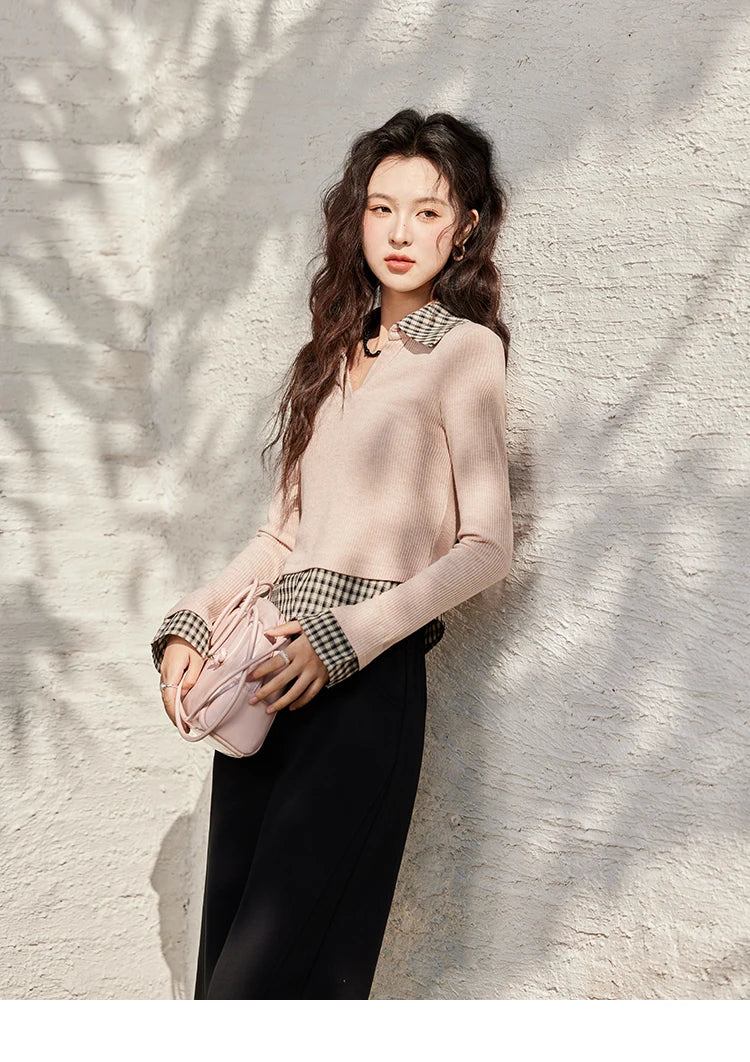 MISHOW Plaid Splicing Fake Two-piece Tops for Women Spring 2025 Contrasting Colors Slim Thin Top V-neck Casual Tees MXE13Z1108