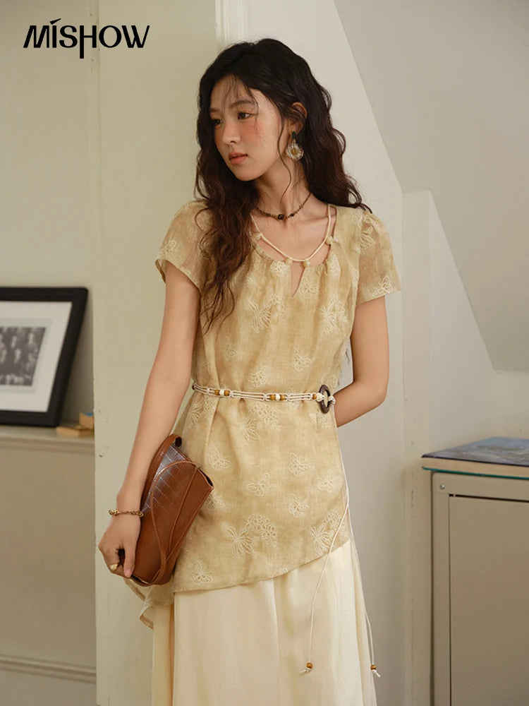 MISHOW Fashion Butterfly Embroidery Dress 2025 Summer Splicing Beaded Collar Comes with Retro Belt Dresses MXE36L2250