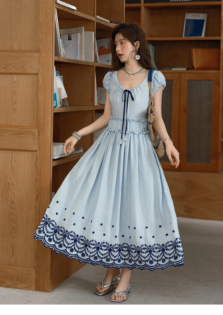 MISHOW Women's Bohemian Embroidery Dress 2025 Summer Ladies Fashion V-neck Lace Up Flower Bud Sleeve Blue Long Dress MXE36L2244