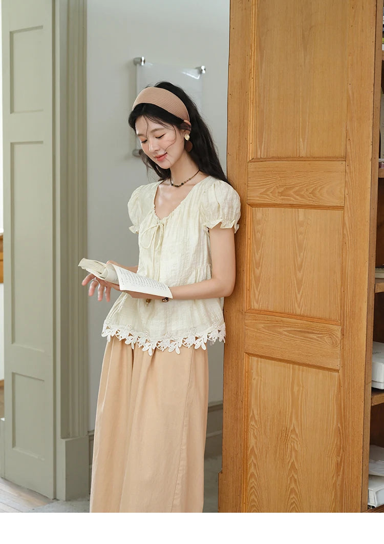 MISHOW Women's French Round Neck Lace Up Blouse 2025 Summer Embroidery Puff Sleeve Flower Spliced Commut Short Top MXE39X1956