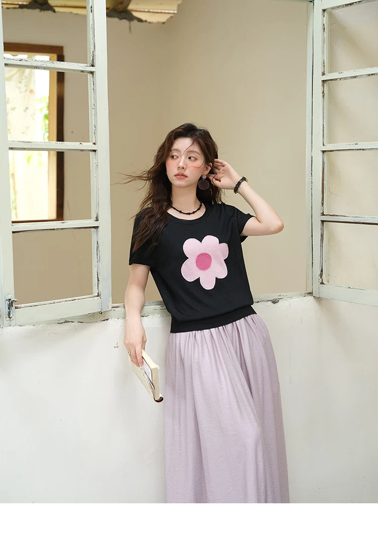 MISHOW Contrast Color Flower Knitted T-shirts for women 2025 Summer New Round Neck Top Women's Clothing Commute Tee MXE39Z1311