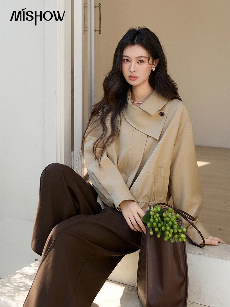 MISHOW Women's Khaki Cropped Jacket 2026 Spring Asymmetrical Collar Drawstring Waist Short Jackets Casual Loose Coat MXF11W1029