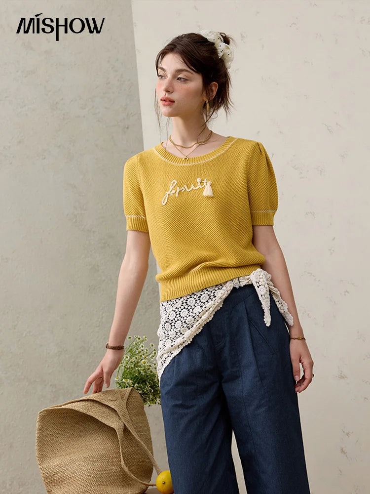 MISHOW French Knitted Pullover Women Summer 2025 Letter Short Sleeve Round Neck Slimming Sweater Female Fashion MXE33Z1219