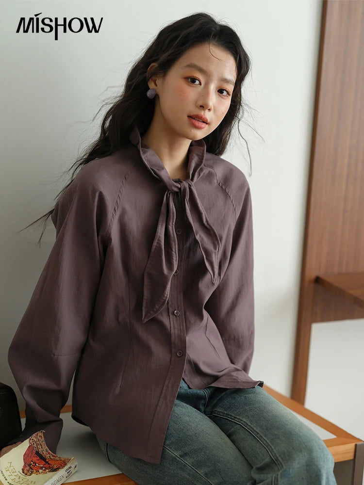 MISHOW Ash Purple Shirt for Women Autumn 2025 Curved Hem Ribbon Neck Tops Female Cotton Blend Slim Commuting Shirt MXE42C2383