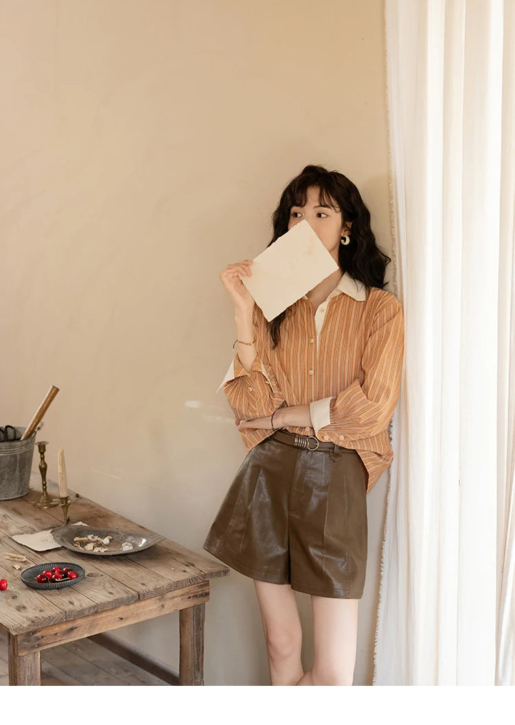 MISHOW Loose Striped Shirt for Women Autumn 2025 Contrasting Lapel Top Single Breasted Patchwork Shirts Office Lady MXD41C0286