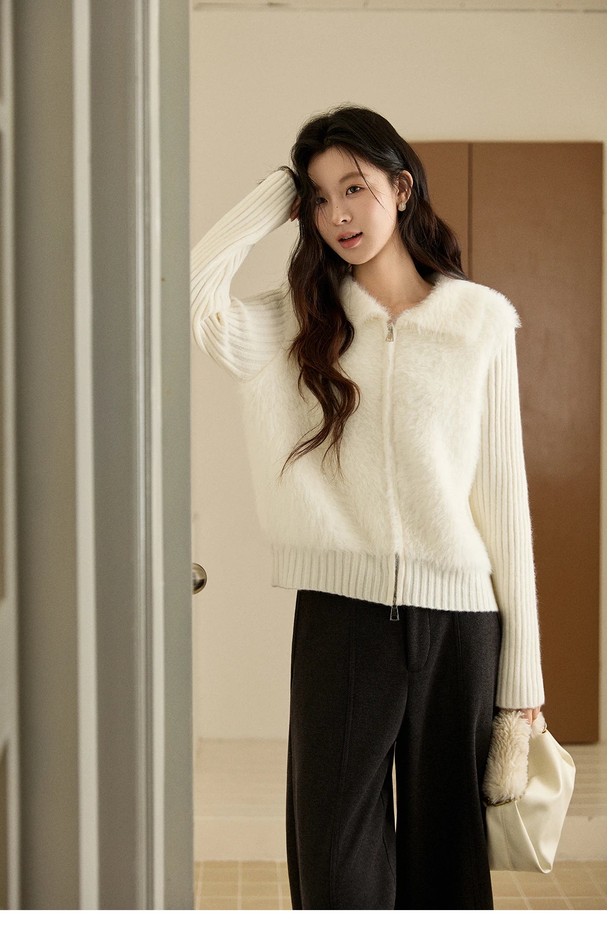 MISHOW Women's White Faux Fur Knit Cardigan 2025 Autumn Winter Fake Two-Piece Zipper Lapel Collar Warm Soft Outerwear MXE94Z2992