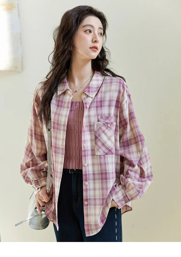 MISHOW Women's 100 Cotton Long-sleeve Purple Plaid Shirt Spring 2025 Loose Pockets Casual Shirts Korean Polo Neck Top MXE14C0417