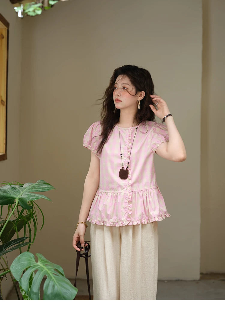 MISHOW Women's Puff Sleeve Plaid Button Shirt 2025 Summer New Fashion O-Neck Wood Ear Casual Shirt Cotton Pink Top MXE39X1932