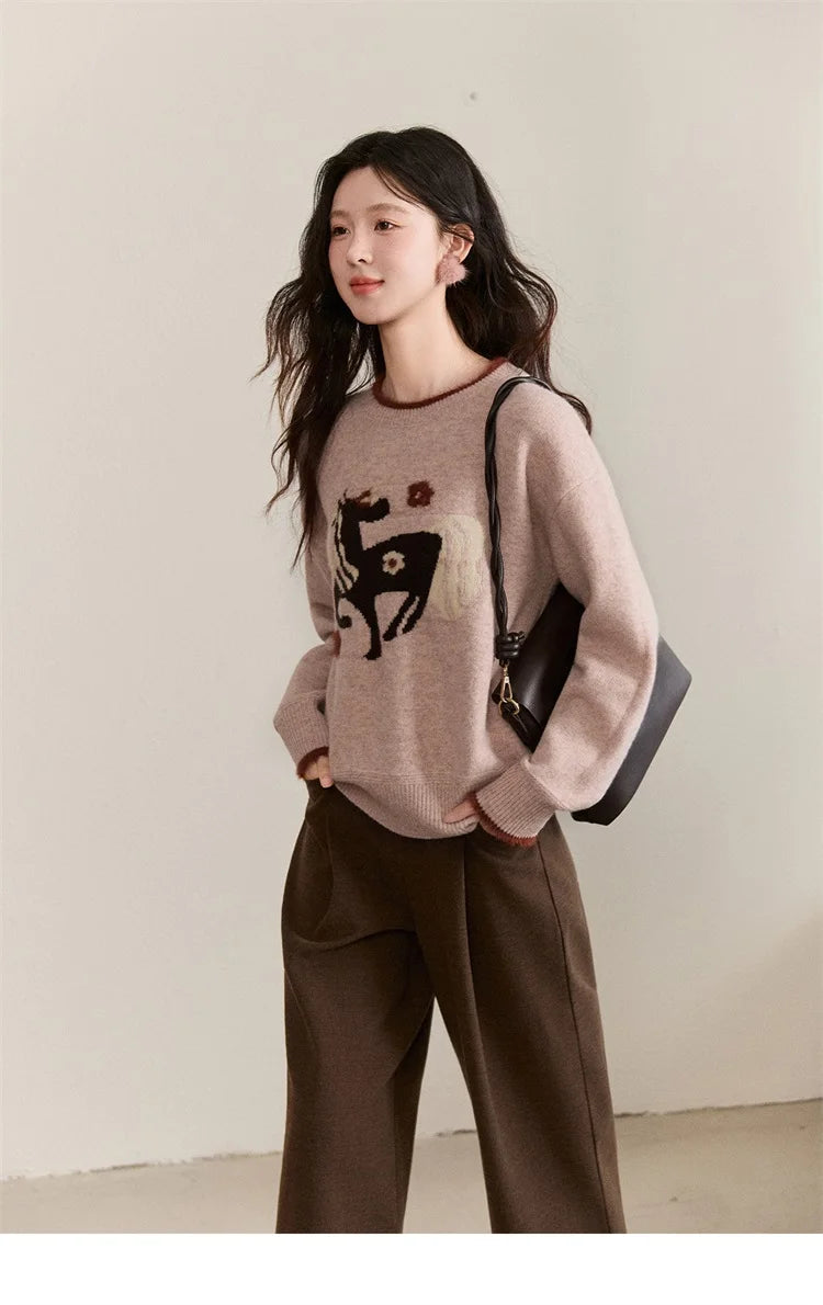 MISHOW Women's Horse Pattern Knit Sweater Winter Crew Neck Sweaters Collar Cuffs Splice Contrasting Faux Mink Fur Top MXE94Z2863