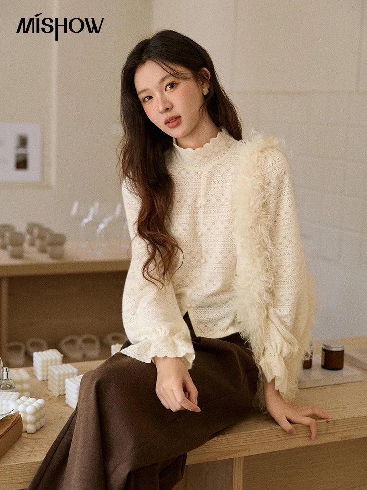 MISHOW Yellow Lace Blouse High Neck Slit Base Layer MXE48X2501