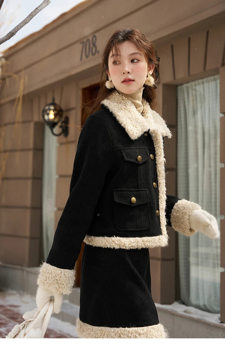 Mishow French Corduroy Patchwork Jacket & Mini Skirt Set MXC57W0180