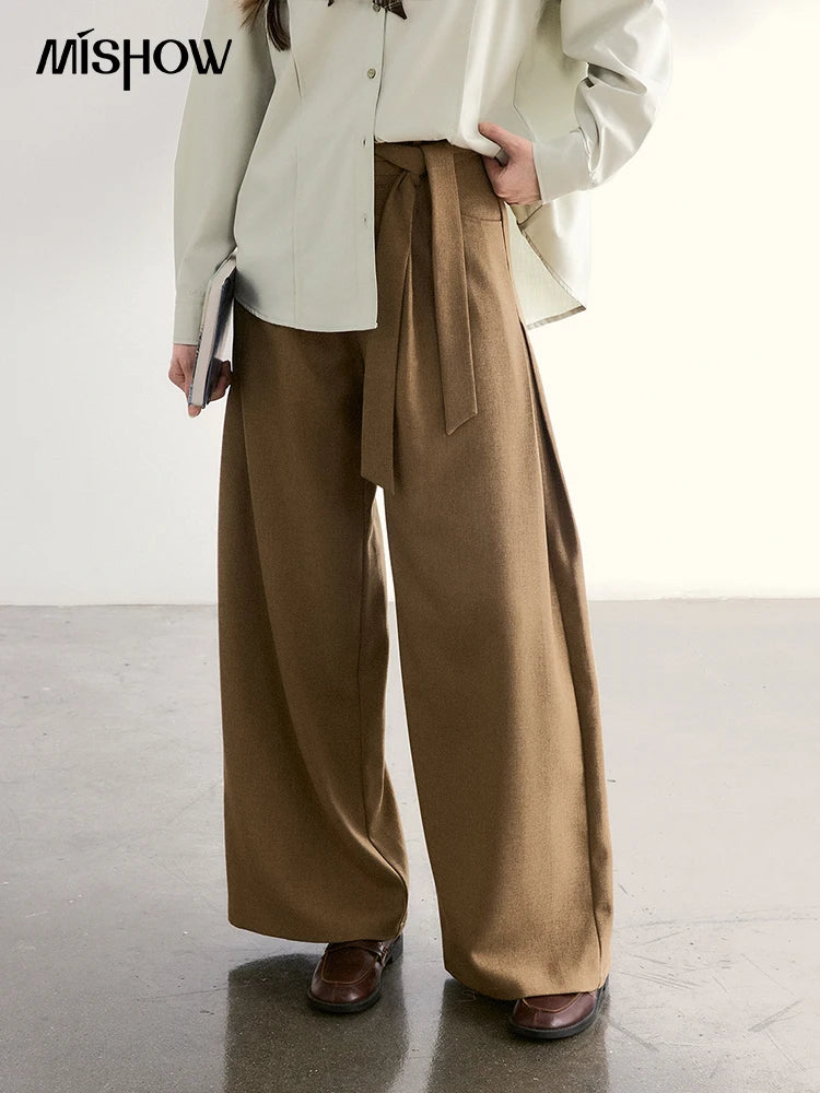 MISHOW Women's Strap Design Brown Wide Leg Pants Spring High Waist Back Elastic Waist Pants Casual Loose Trousers MXF11K1134
