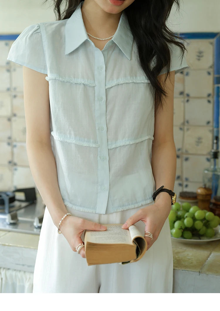 MISHOW Women's Turn-down Collar Button Casual Shirt 2025 Summer New Ladies Wear Edge Splicing Commut Short Sleeve Top MXE39C2363