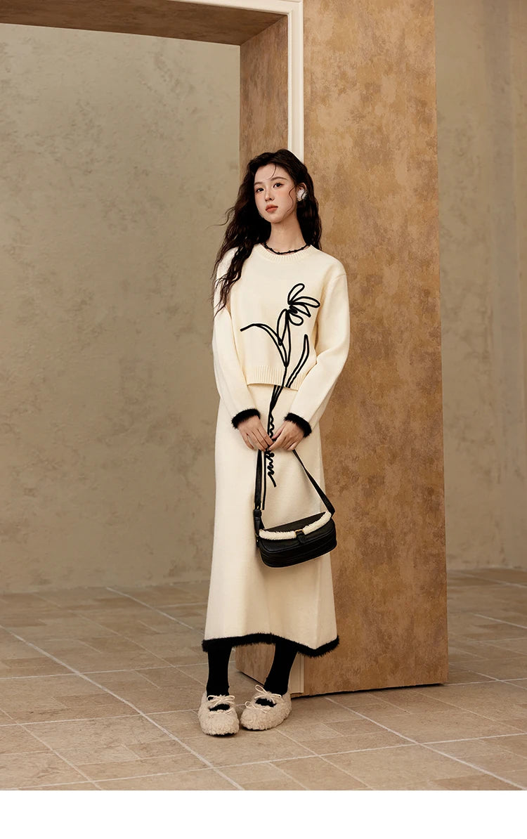 MISHOW French Skirt Sets Embroidery Spliced Contrast Color Two Piece Sets Women High Waist Midi Skirt Knitted Tops MXD57T0463