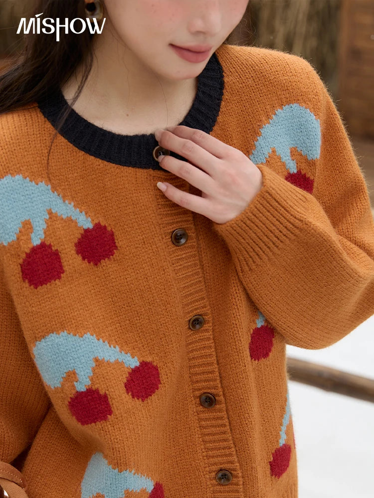 MISHOW Cherry Jacquard Knitted Cardigan for Women 2025 Winter Retro Sweet Round Neck Long Sleeves Sweater Commute Top MXE88Z2689