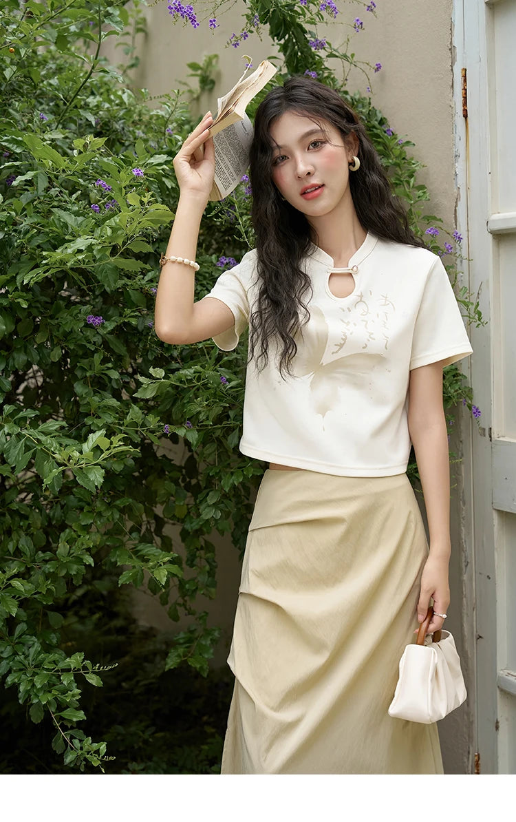 MISHOW Chinese Stand Collar Top Pleated Skirt Separately 2024 Summer Short Ink Painting Printed T-shirt A-line Skirt MXD27T0272
