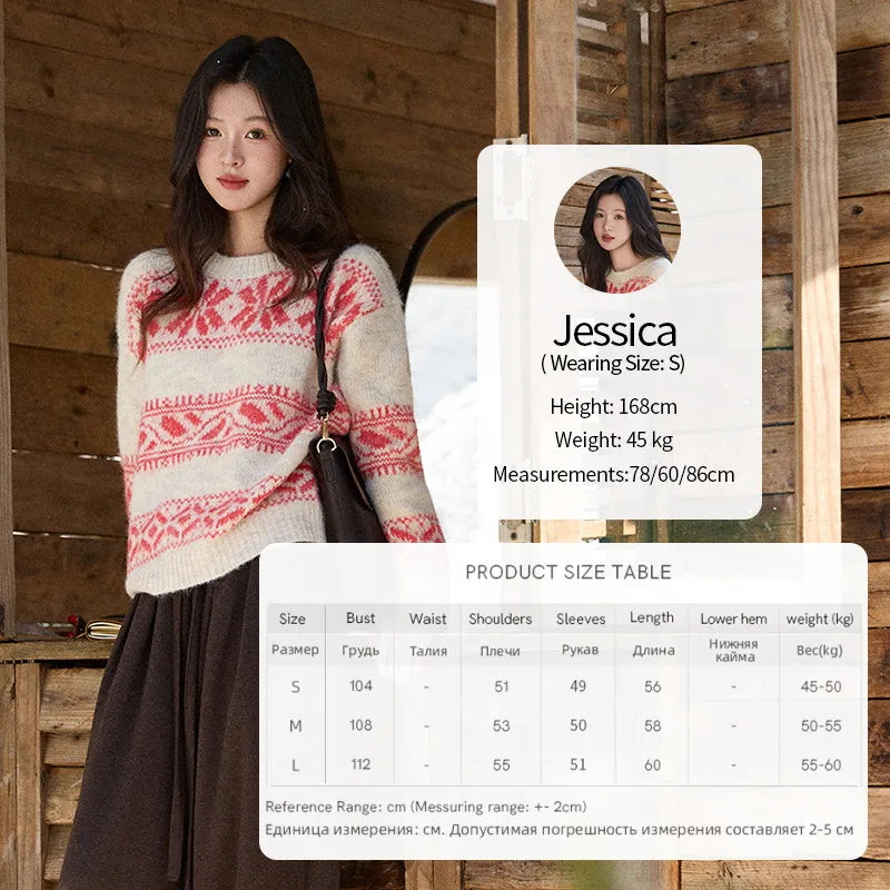 MISHOW Christmas Geometric Jacquard Sweater for Women 2025 Winter Beige White Wool Round Neck Loose Knitted Sweater MXE93Z2938