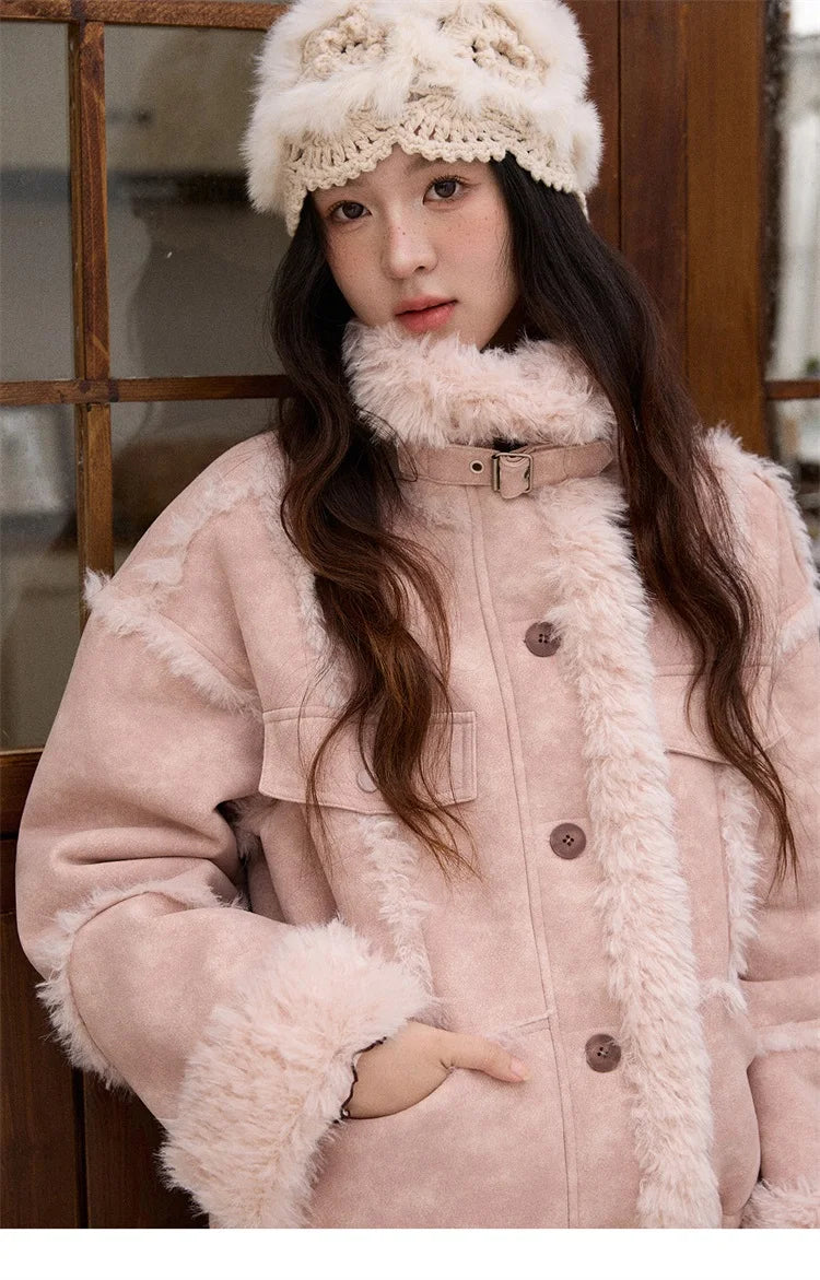 MISHOW Women's Pink Jacket 2025 Winter French Style Stand Collar Plush Patchwork Coat Windproof Warm Coat Woman MXE51W0911