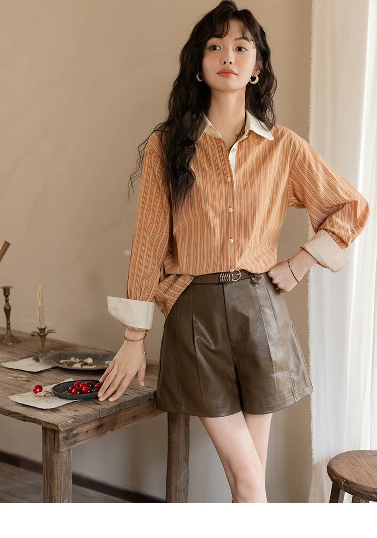 MISHOW Loose Striped Shirt for Women Autumn 2025 Contrasting Lapel Top Single Breasted Patchwork Shirts Office Lady MXD41C0286