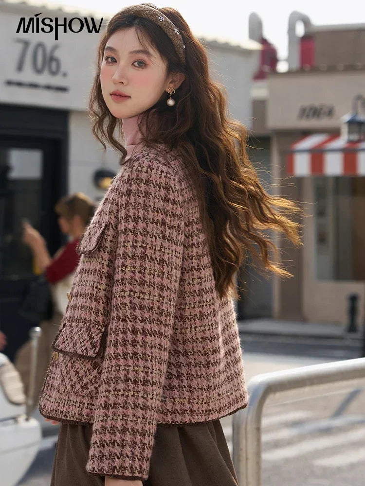 MISHOW Tweed Jacket for Women Luxury 2025 Winter Wool Blend Thick Coat High Quality Fashion Crew Neck Outerwear Top MXC57Y0021