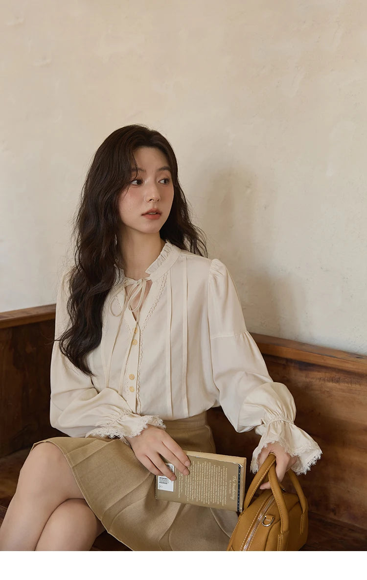 MISHOW French 100% Lyocell Apricot Shirt 2025 Autumn Flared Sleeves Lace Edges Shirts V-neck Slim Top Office Lady MXE41C2351