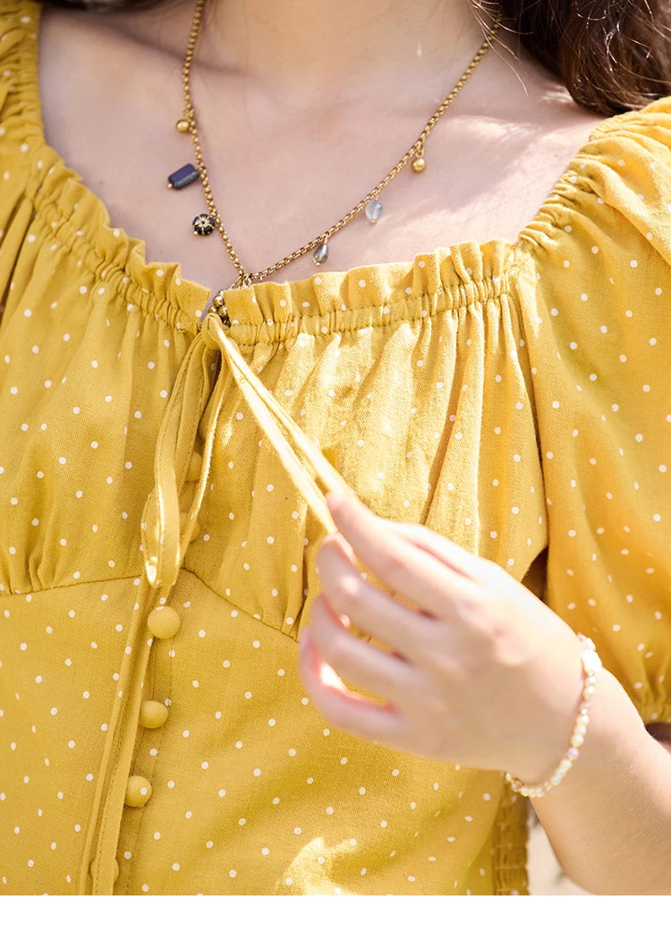 MISHOW Yellow Polka Dot One Shoulder Blouses for Women Summer 2025 Back Elastic Vintage 100 Cotton Top Lace-up Blouse MXE35X1840