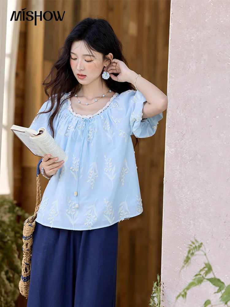 MISHOW Blue Pure Cotton Embroidered Blouses 2025 Summer Wave Edged O-neck Tops Contrasting Lace Up Loose Doll Blouses MXE35X1791
