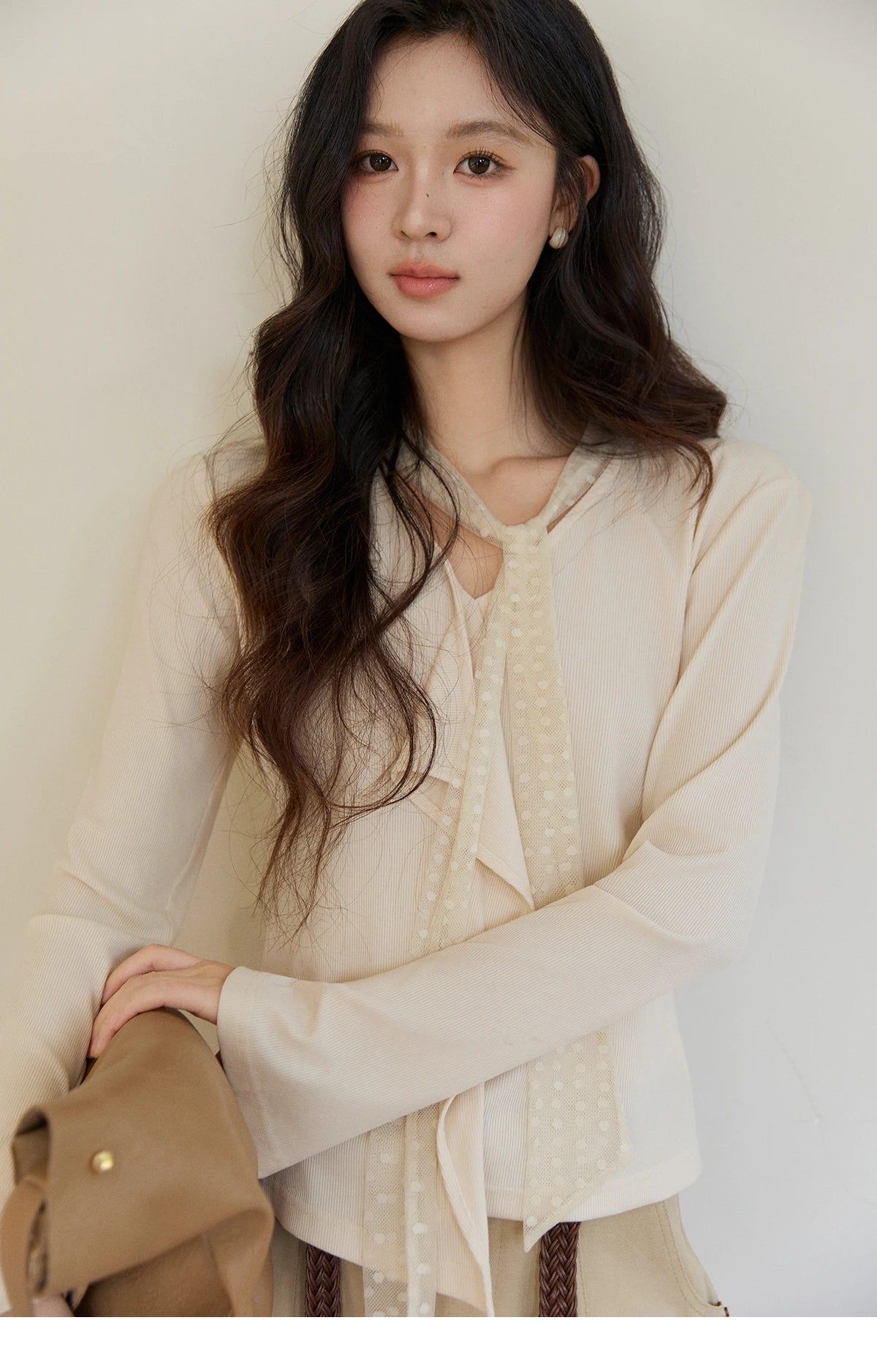 MISHOW Women's V-neck Splicing Lace Ribbon Long Sleeve Tops Spring Ruffled Asymmetrical Hem Flare Sleeve Knitwear MXF108Z1016