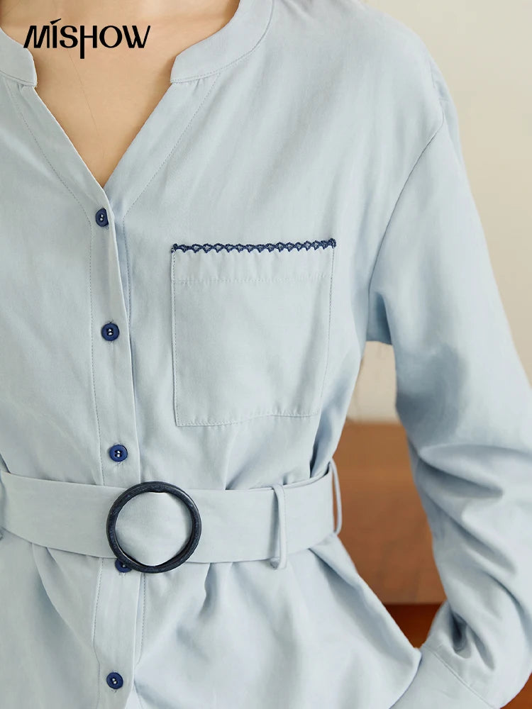 MISHOW Women's Haze Blue Peach Skin Velvet Shirt Autumn 2025 Contrast Color Design Waist Shirts Commute Versatile Top MXE47X2497