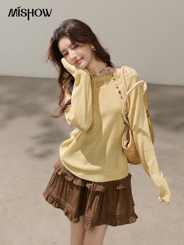 MISHOW Women's Hollowed Out Lace Trim Knit Tops 2026 Spring Boat Neck Long Sleeve Knitwear Casual Soft Yellow Sweater MXF15Z3050