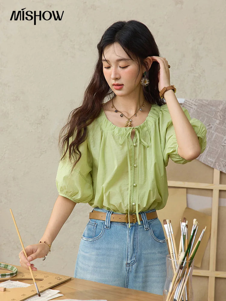 MISHOW Women's Round Neck Blouse 2025 Summer New Fashion Lace Up Puff Sleeve Casual Chiffon Top Ladies Clothing MXE36X1875