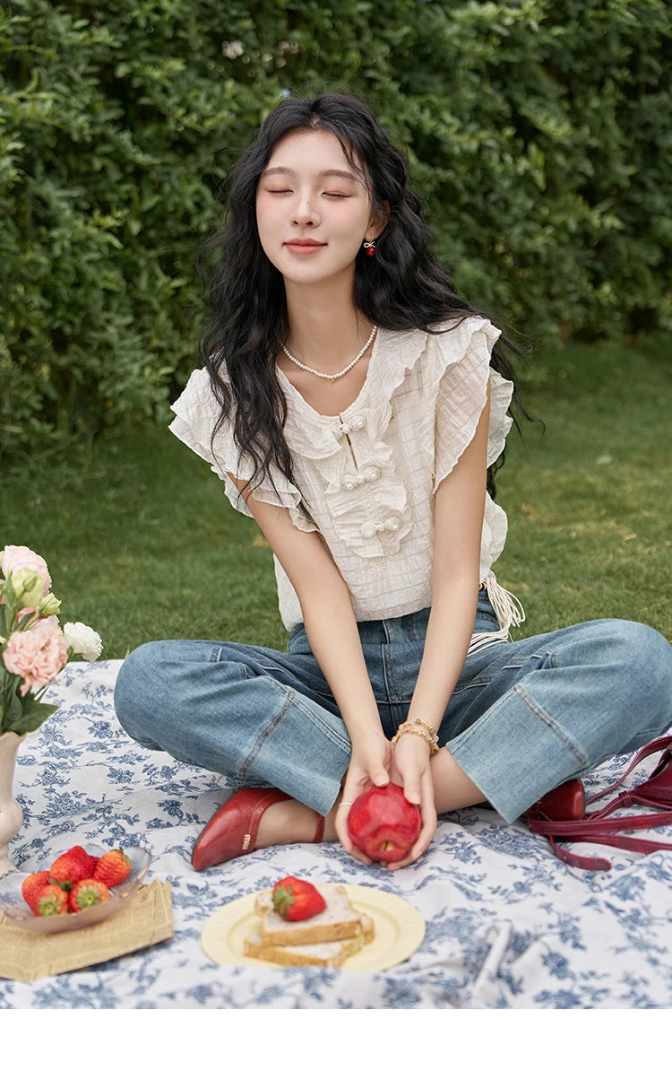 MISHOW Chinese Retro Button Up Blouse for Women 2024 Summer Flying Sleeve Chiffon Embroidery V-Neck Top with Camisole MXD21X1374