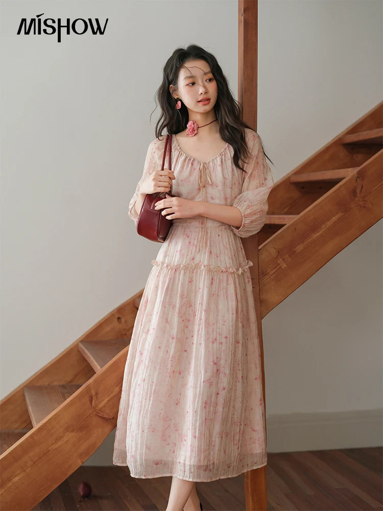 MISHOW Korean Women's Floral Pink Dress Autumn Convertible V Neck Off Shoulder Bubble Sleeves Elastic Waist Dresses MXE41L2479